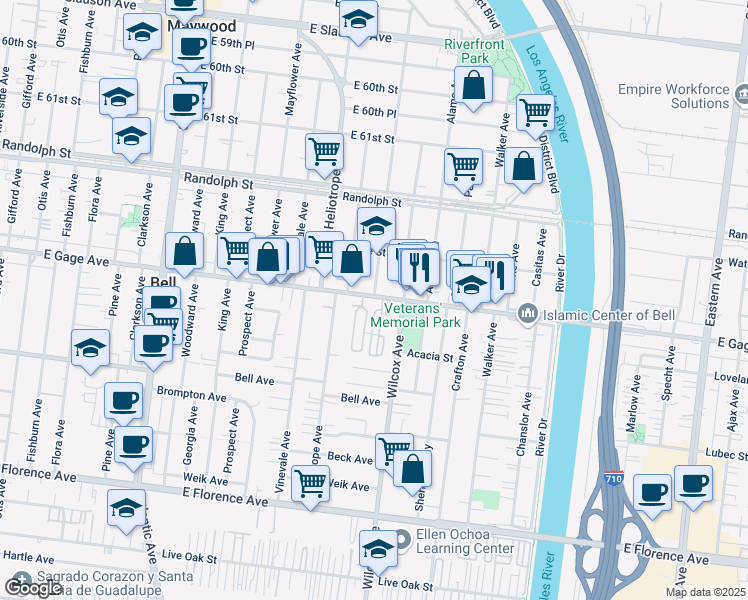 map of restaurants, bars, coffee shops, grocery stores, and more near 4918 East Gage Avenue in Bell