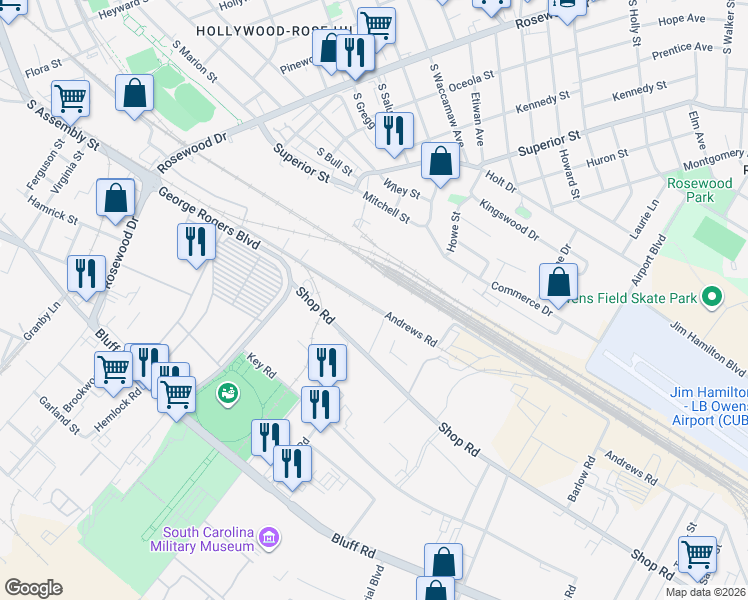 map of restaurants, bars, coffee shops, grocery stores, and more near 1080 Shop Road in Columbia
