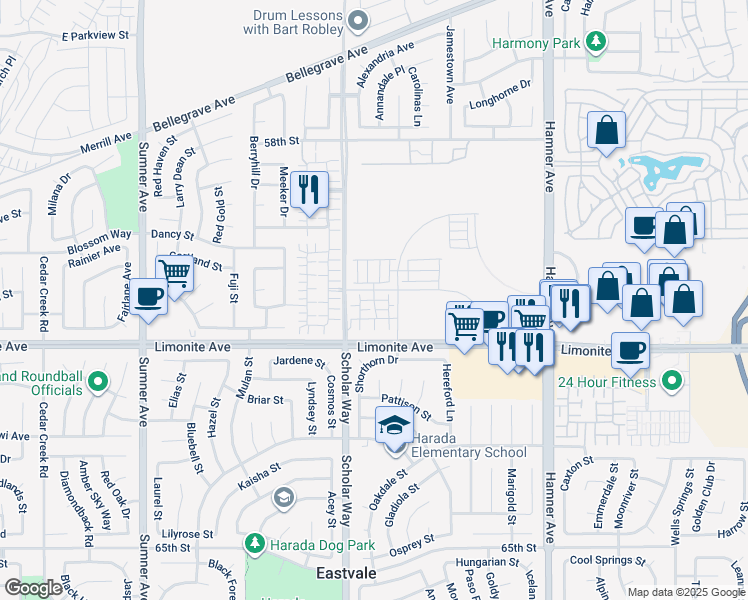 map of restaurants, bars, coffee shops, grocery stores, and more near Lassen Drive in Eastvale