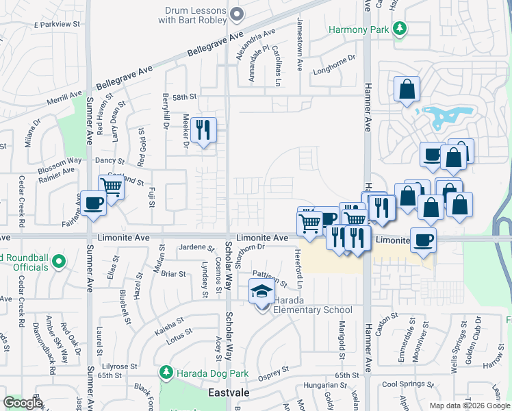 map of restaurants, bars, coffee shops, grocery stores, and more near 12601-12739 Limonite Avenue in Corona