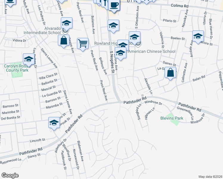 map of restaurants, bars, coffee shops, grocery stores, and more near 18993 Barroso Street in Rowland Heights