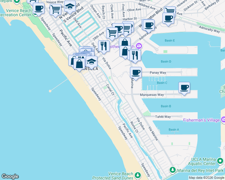 map of restaurants, bars, coffee shops, grocery stores, and more near 114 Fleet Street in Marina del Rey