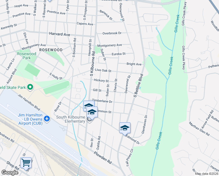 map of restaurants, bars, coffee shops, grocery stores, and more near 3875 Gill Street in Columbia