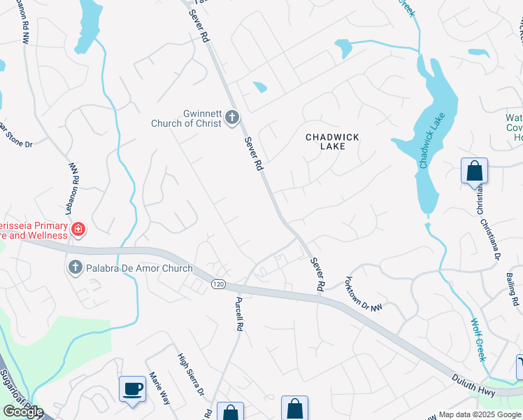 map of restaurants, bars, coffee shops, grocery stores, and more near 1552 Sever Road in Lawrenceville