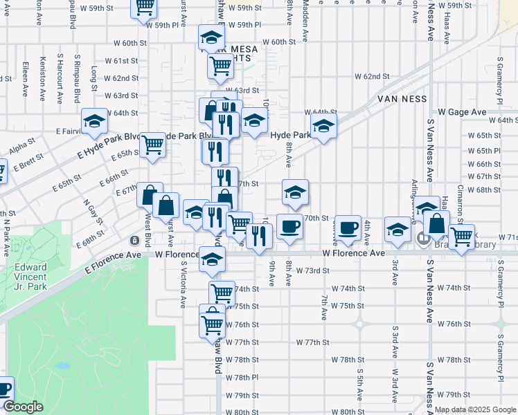 map of restaurants, bars, coffee shops, grocery stores, and more near 6812 11th Avenue in Los Angeles