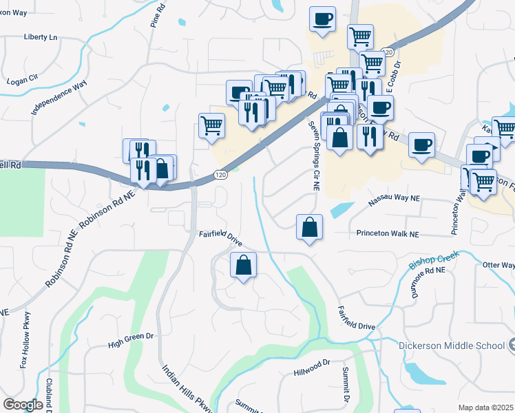 map of restaurants, bars, coffee shops, grocery stores, and more near 1100 Fielding Way in Marietta