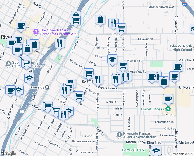 map of restaurants, bars, coffee shops, grocery stores, and more near 2468 Mission Inn Avenue in Riverside