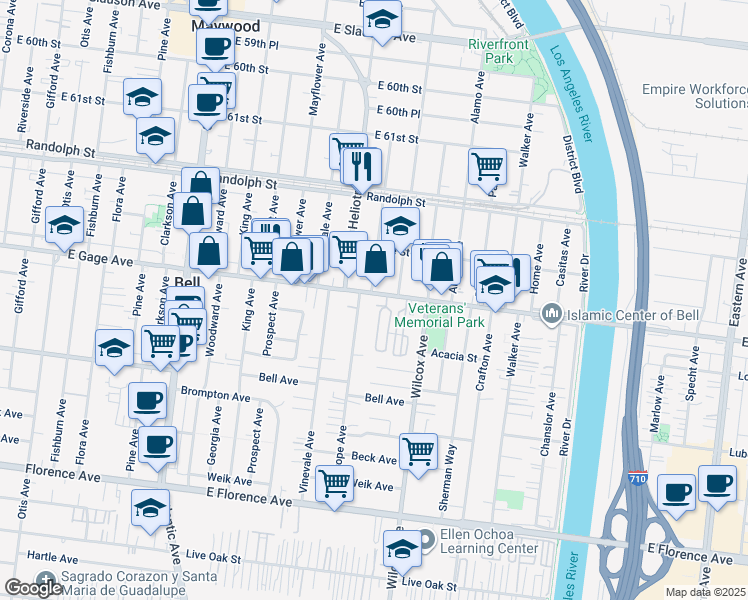 map of restaurants, bars, coffee shops, grocery stores, and more near 4850 Gage Avenue in Bell