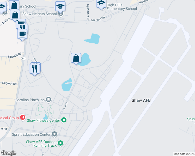 map of restaurants, bars, coffee shops, grocery stores, and more near 400 Shaw Drive in Shaw Air Force Base