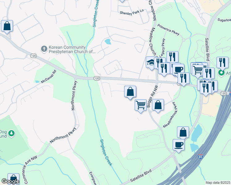map of restaurants, bars, coffee shops, grocery stores, and more near 2656 Staunton Lane in Duluth