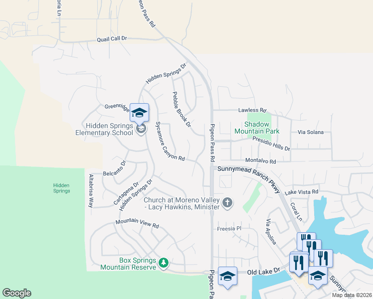 map of restaurants, bars, coffee shops, grocery stores, and more near 9935 Waterfall Circle in Moreno Valley