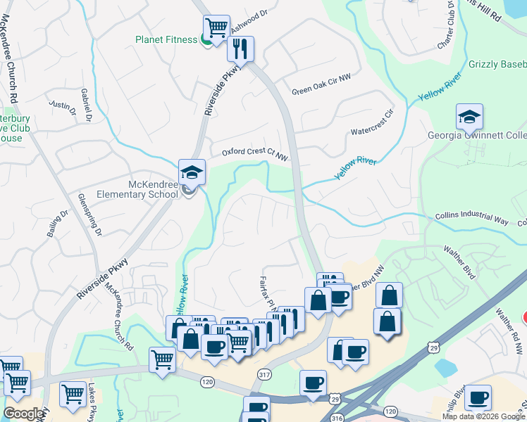 map of restaurants, bars, coffee shops, grocery stores, and more near 1065 Chandler Park Court Northwest in Lawrenceville
