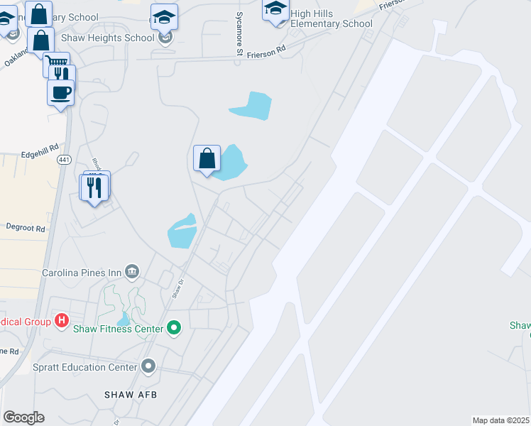 map of restaurants, bars, coffee shops, grocery stores, and more near 400 Shaw Drive in Shaw Air Force Base