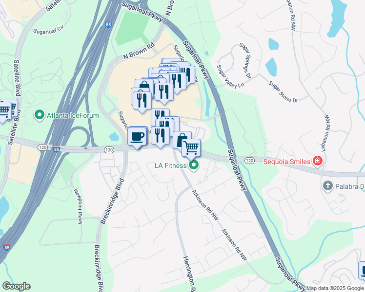 map of restaurants, bars, coffee shops, grocery stores, and more near 1887 Duluth Highway in Lawrenceville