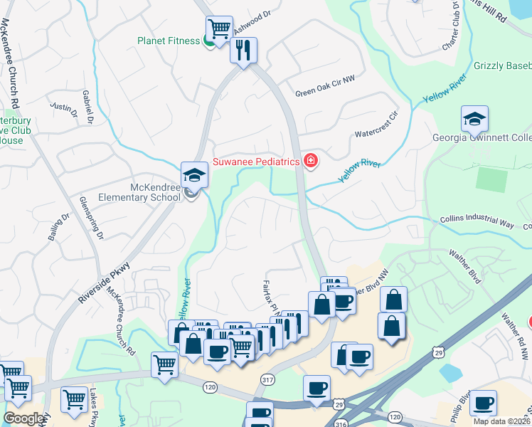map of restaurants, bars, coffee shops, grocery stores, and more near 1095 Chandler Park Court Northwest in Lawrenceville