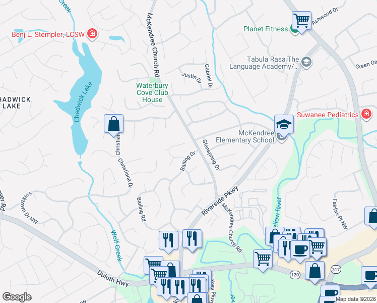 map of restaurants, bars, coffee shops, grocery stores, and more near 1411 Bailing Drive in Lawrenceville