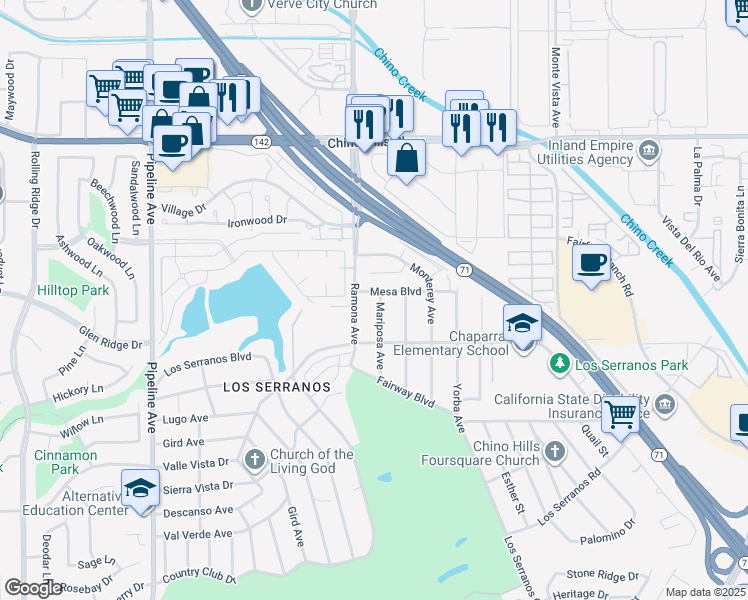 map of restaurants, bars, coffee shops, grocery stores, and more near 15212 Mariposa Avenue in Chino Hills
