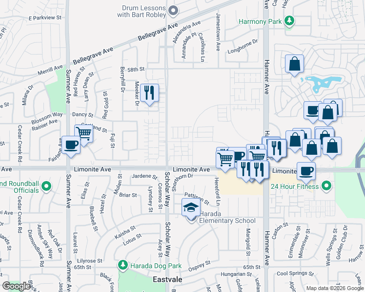 map of restaurants, bars, coffee shops, grocery stores, and more near 12962 Lassen Drive in Eastvale