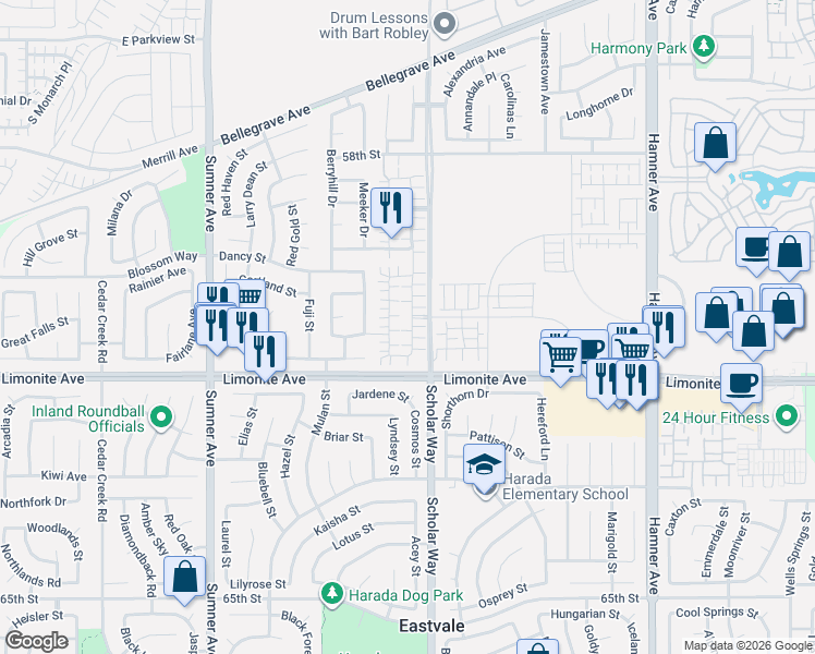 map of restaurants, bars, coffee shops, grocery stores, and more near 6101 Snapdragon Street in Corona