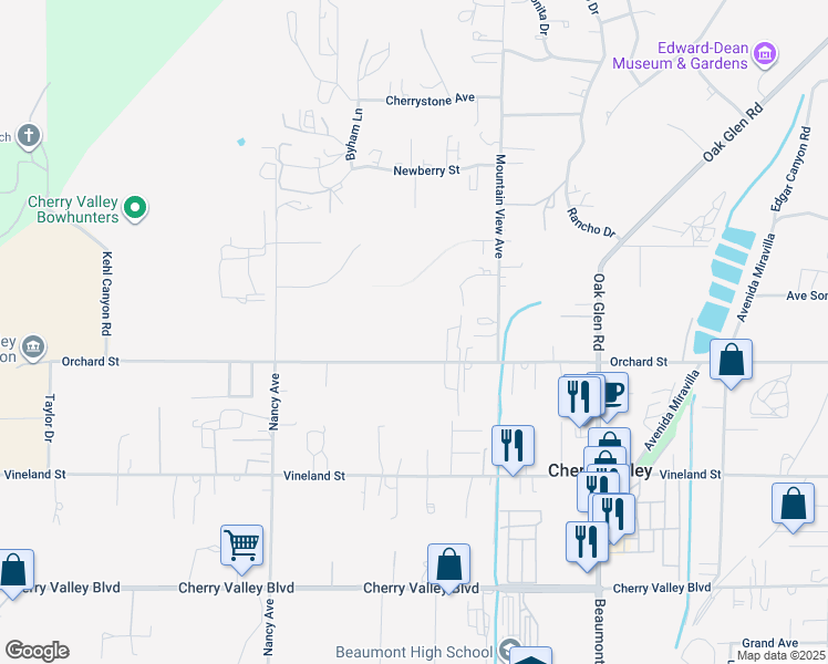 map of restaurants, bars, coffee shops, grocery stores, and more near 38878 Orchard Street in Cherry Valley