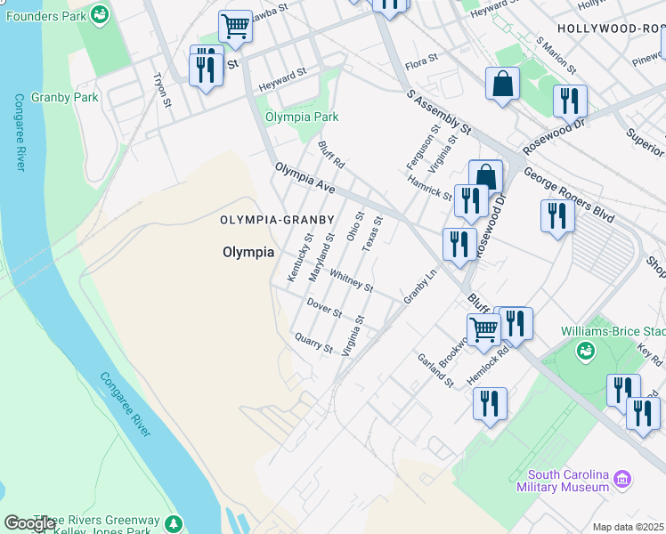 map of restaurants, bars, coffee shops, grocery stores, and more near 1217 Whitney Street in Columbia