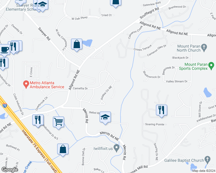 map of restaurants, bars, coffee shops, grocery stores, and more near 1099 Azalea Circle Northeast in Marietta