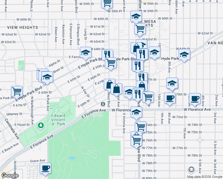 map of restaurants, bars, coffee shops, grocery stores, and more near 6736 West Boulevard in Los Angeles