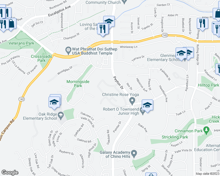 map of restaurants, bars, coffee shops, grocery stores, and more near 3277 Carriage House Drive in Chino Hills
