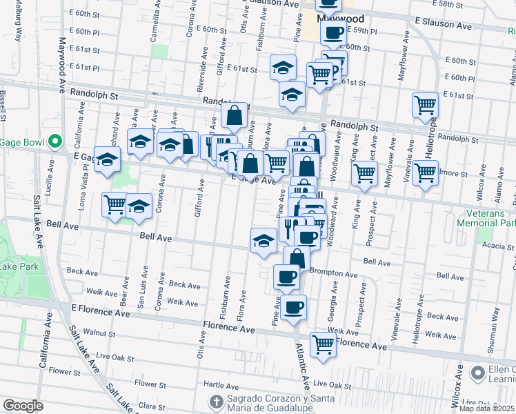 map of restaurants, bars, coffee shops, grocery stores, and more near 6605 Flora Avenue in Bell
