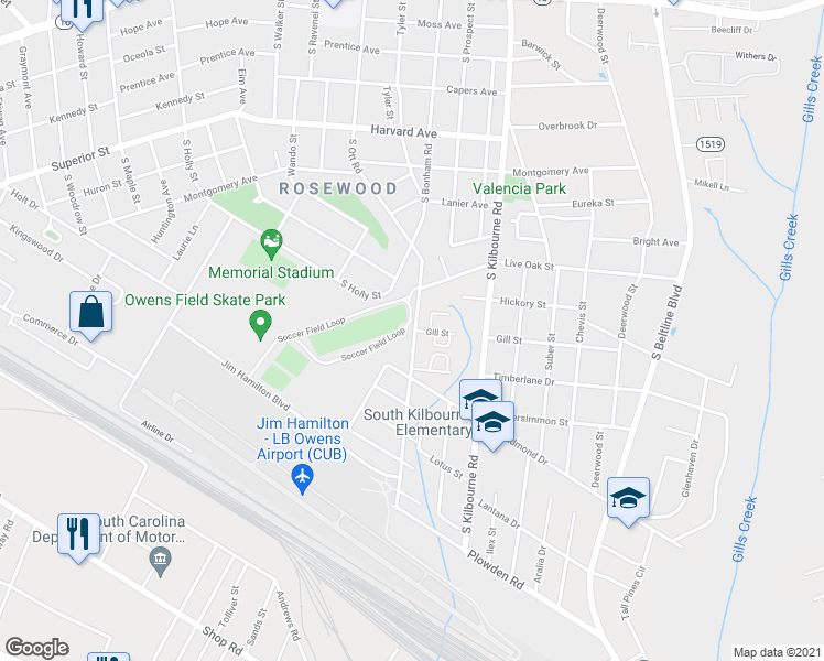 map of restaurants, bars, coffee shops, grocery stores, and more near 12 Gill Street in Columbia