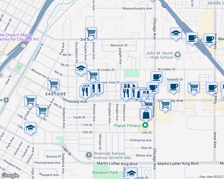 map of restaurants, bars, coffee shops, grocery stores, and more near 1971 Seventh Street in Riverside