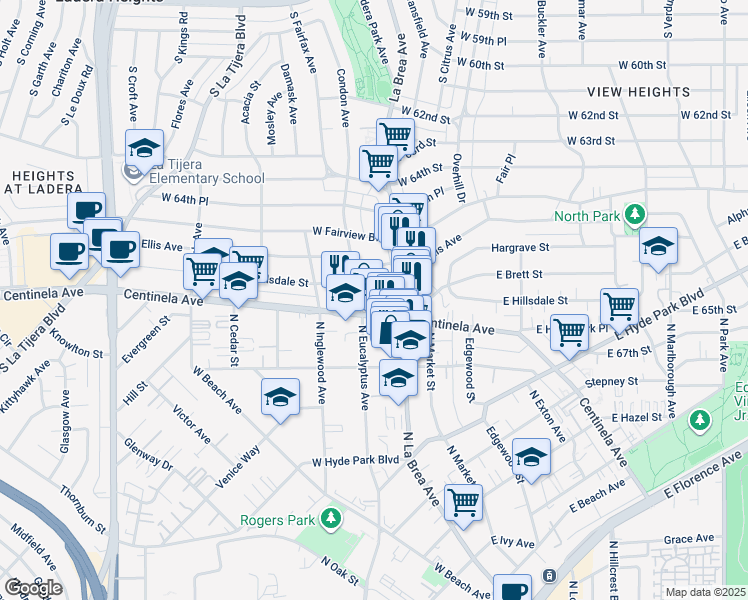 map of restaurants, bars, coffee shops, grocery stores, and more near 1134 Centinela Avenue in Inglewood
