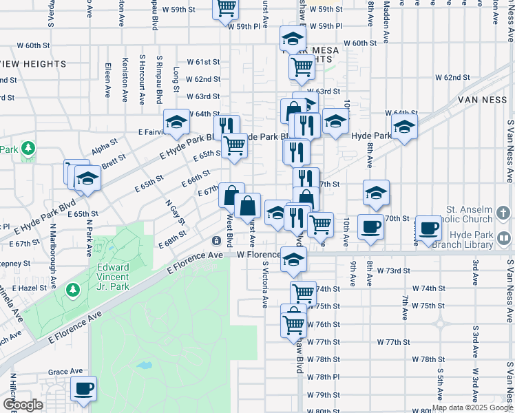 map of restaurants, bars, coffee shops, grocery stores, and more near 6820 Brynhurst Avenue in Los Angeles