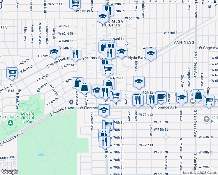 map of restaurants, bars, coffee shops, grocery stores, and more near 6812 Crenshaw Boulevard in Los Angeles