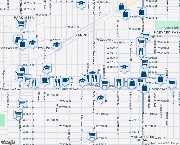 map of restaurants, bars, coffee shops, grocery stores, and more near 6744 Arlington Avenue in Los Angeles