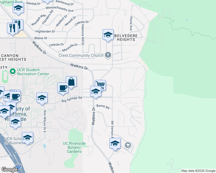 map of restaurants, bars, coffee shops, grocery stores, and more near 195 West Big Springs Road in Riverside