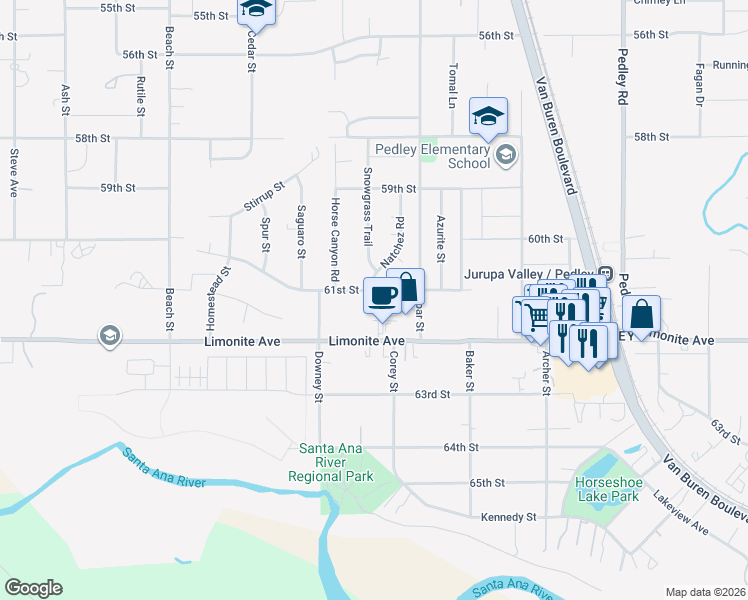 map of restaurants, bars, coffee shops, grocery stores, and more near 9236 61st Street in Riverside