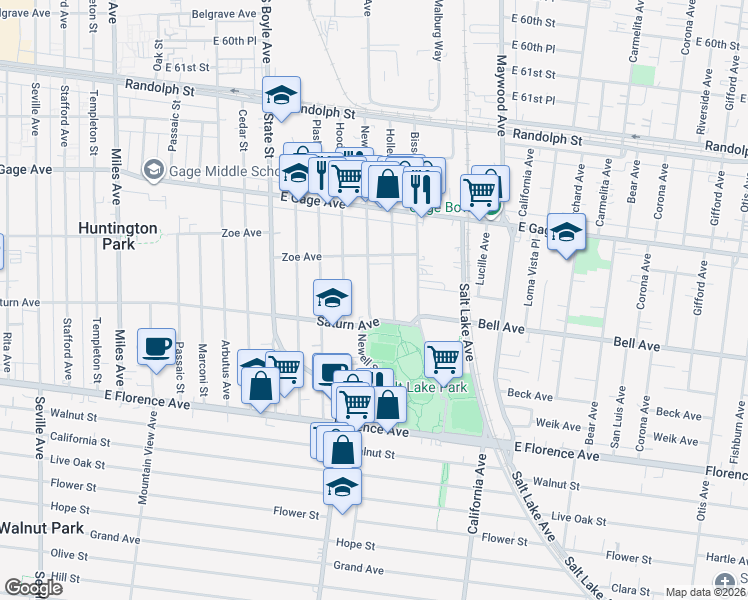 map of restaurants, bars, coffee shops, grocery stores, and more near 6826 Newell Street in Huntington Park