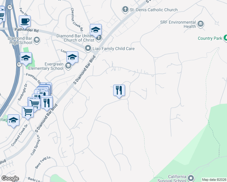 map of restaurants, bars, coffee shops, grocery stores, and more near 2641 Wagon Train Lane in Diamond Bar