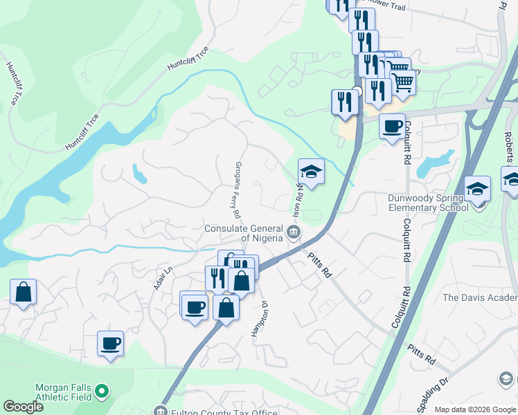 map of restaurants, bars, coffee shops, grocery stores, and more near 8115 Grogans Ferry Road in Atlanta
