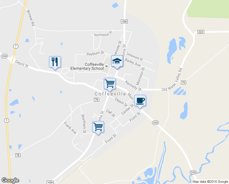 map of restaurants, bars, coffee shops, grocery stores, and more near 16849 Okahoma Street in Coffeeville