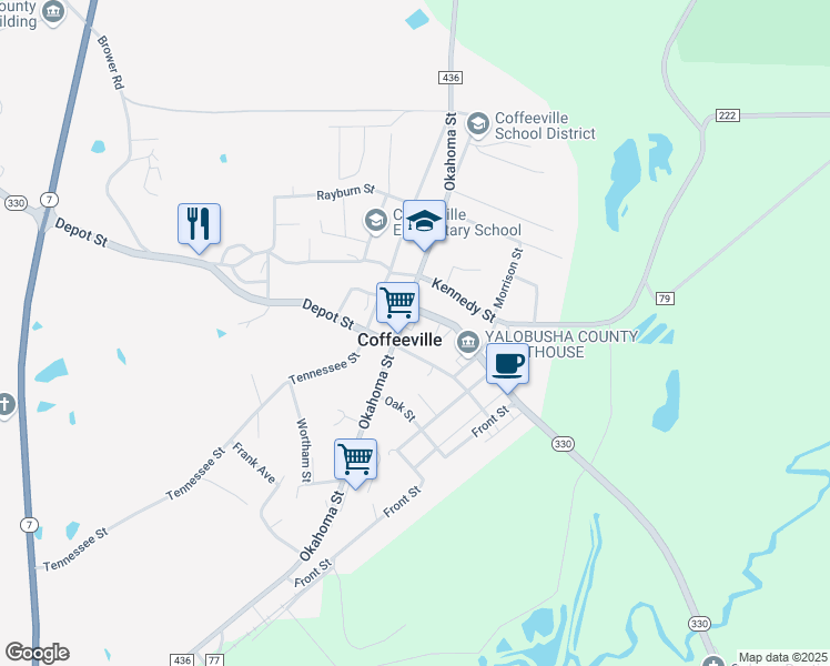 map of restaurants, bars, coffee shops, grocery stores, and more near 16849 Okahoma Street in Coffeeville