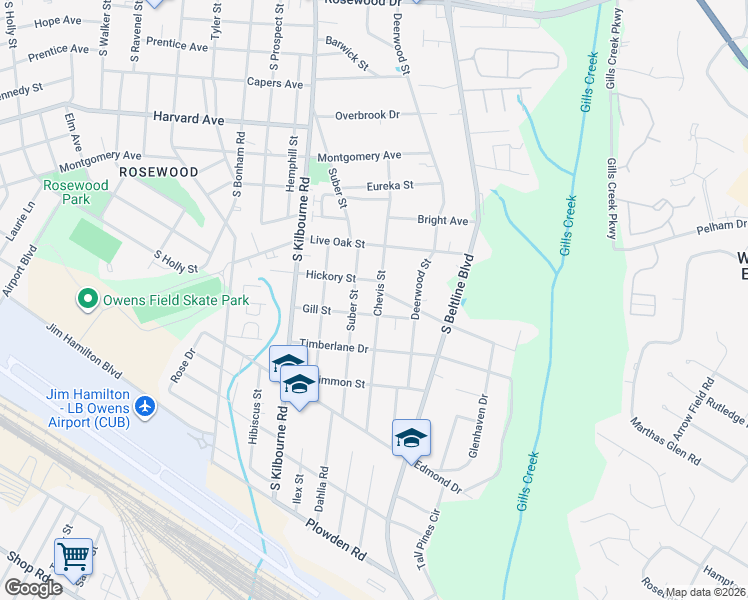 map of restaurants, bars, coffee shops, grocery stores, and more near 1015 Chevis Street in Columbia