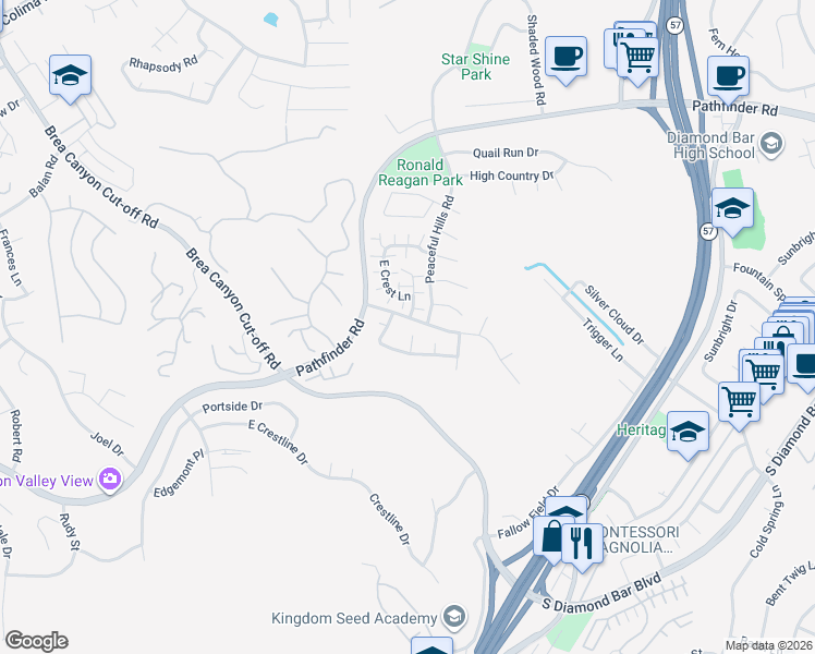 map of restaurants, bars, coffee shops, grocery stores, and more near 2801 Woodview Court in Walnut
