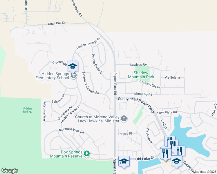 map of restaurants, bars, coffee shops, grocery stores, and more near 9958 Whitewater Road in Moreno Valley