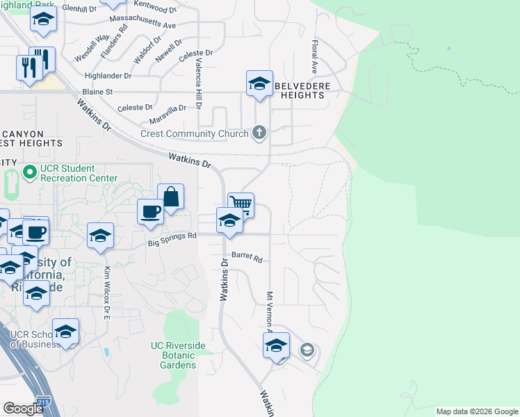 map of restaurants, bars, coffee shops, grocery stores, and more near 195 West Big Springs Road in Riverside
