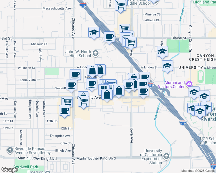 map of restaurants, bars, coffee shops, grocery stores, and more near 1480 Seventh Street in Riverside