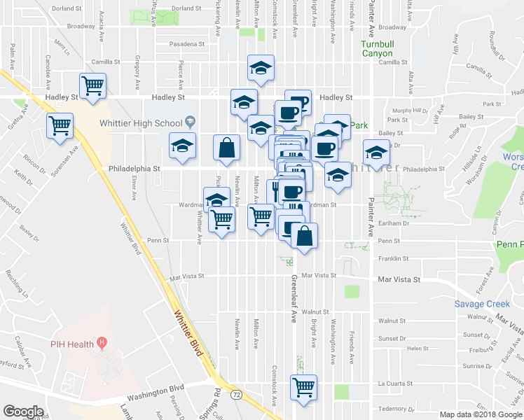 map of restaurants, bars, coffee shops, grocery stores, and more near 7222 Milton Avenue in Whittier