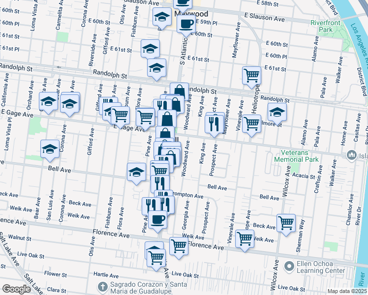 map of restaurants, bars, coffee shops, grocery stores, and more near 6517 Woodward Avenue in Bell