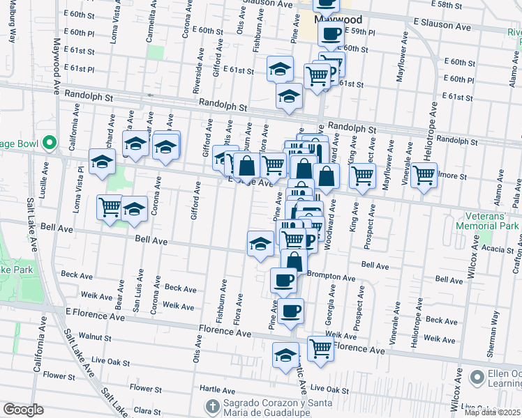 map of restaurants, bars, coffee shops, grocery stores, and more near 6603 Pine Avenue in Bell